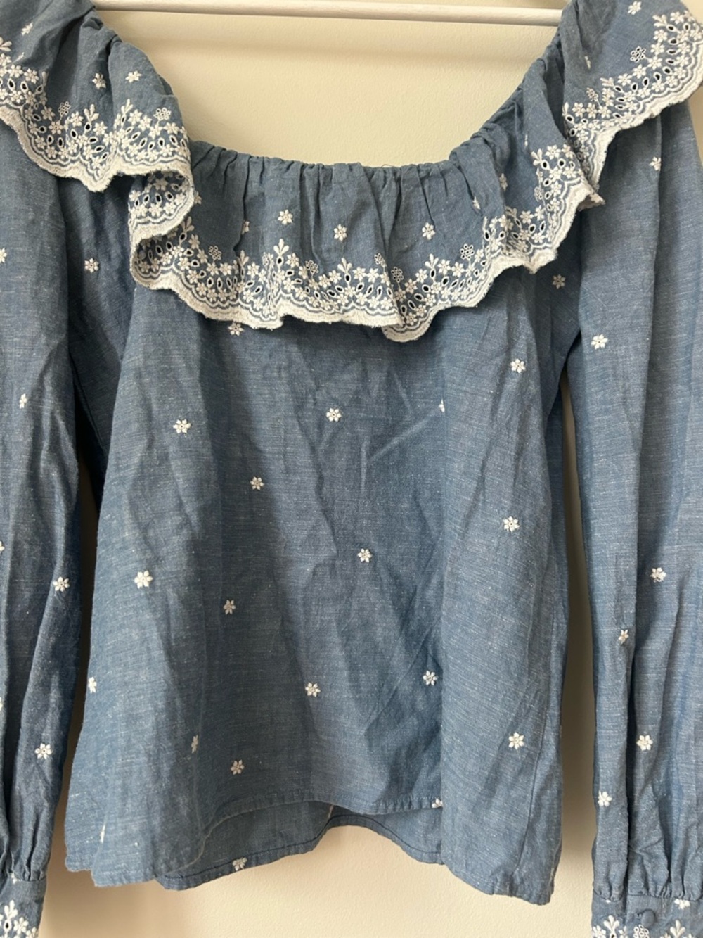 Sezane Francesca Chambray Blouse Blue White Embroidered Off Shoulder Ruffle Top - Picture 11 of 12